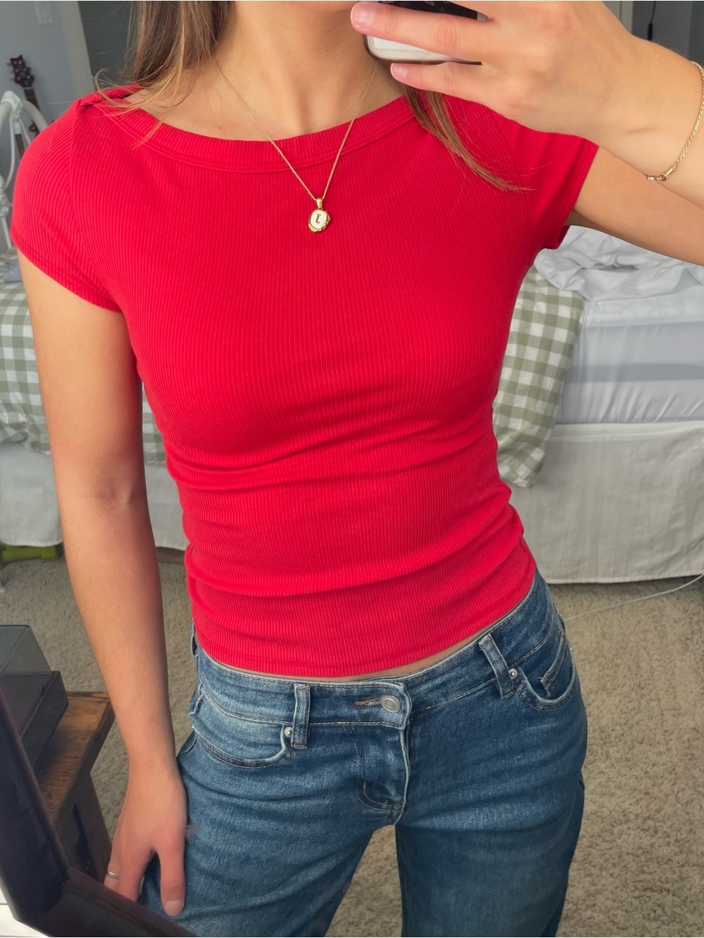 Classic Red Boatneck Ribbed Tee - Picture 2 of 2